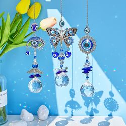 Set of 3 Protective Glass Evil Eye Suncatchers with Radiant Prism, Beautiful Crystal Sun catcher , Home decor Eye caych