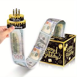 1pc, Happy Birthday Money Box For Cash Gift Pull, Black And Golden Birthday Surprise Money Gift Box For Cash Gift Pull,