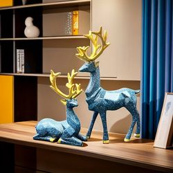 2pcs/set Resin Blue Deer Statue, Christmas Reindeer Resin Sculpture, Couple Deer Statue, For Office Living Room TV Cabin