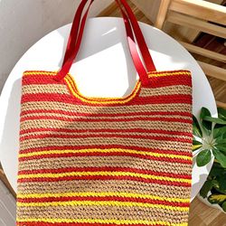 Crochet Pattern for Large Striped Raffia Beach Bag with Leather Handles, Shopping Tote bag, Download Tutorial, PDF VIDEO