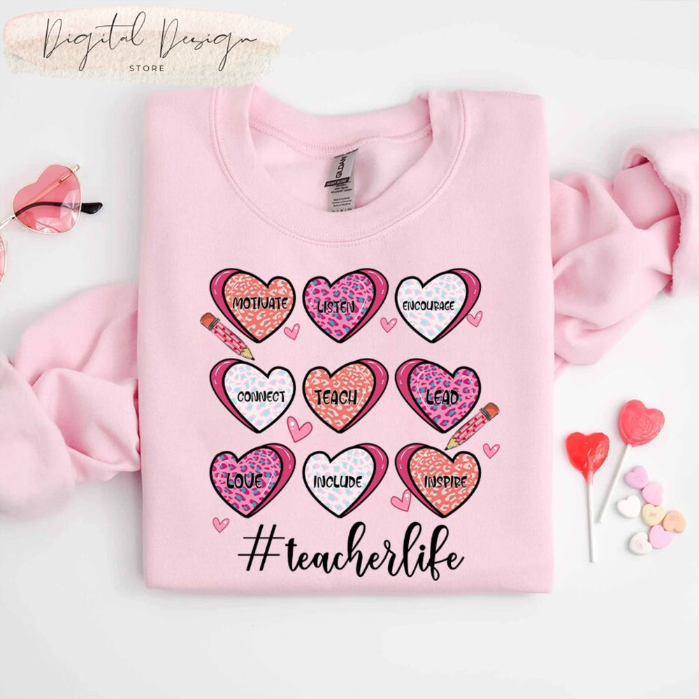 Comfort Colors Love Teacher Life Valentine's Day Shirt, Teacher Valentine Sweatshirt, Women's Valentines Day Sweatshirt, Retro Heart Shirt.jpg