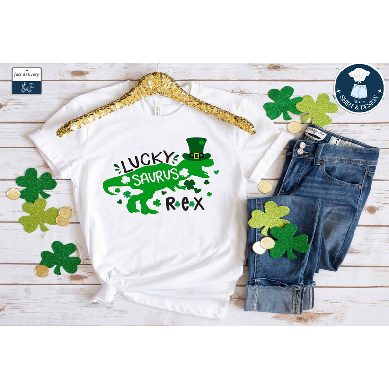 Lucky Saurus Rex T-shirt, Funny Shirt, Dinosaur Shirt, Irish Day Shirt, Kids Shirt, Toddler Shirts, Lucky Shirt, Shamrock Shirt, Unisex Tee.jpg