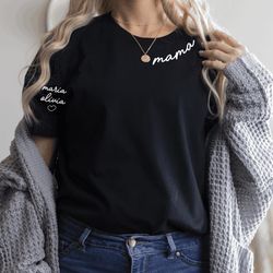 custom mama neck shirt with kids name on sleeve,gift for mothers day, custom shirt, personalized mom shirt,mothers day s