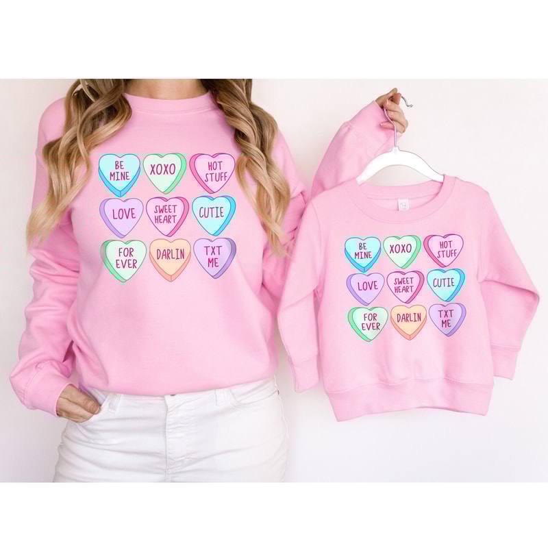 Candy Hearts Sweathirt, Valentines Shirts for Women and Girl, Mommy and Me Outfits, Gift Mom and Daughter Christmas Gift.jpg