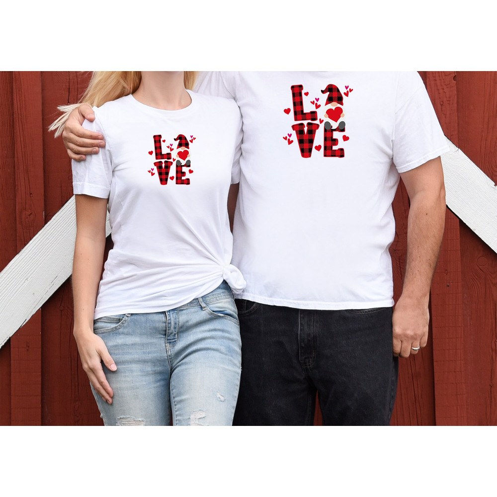Buffalo Plaid Love Gnome Shirt, Valentines Day Shirt, love tee, Couple Matching Shirt, Gift For Wife, Engagement Shirt.jpg