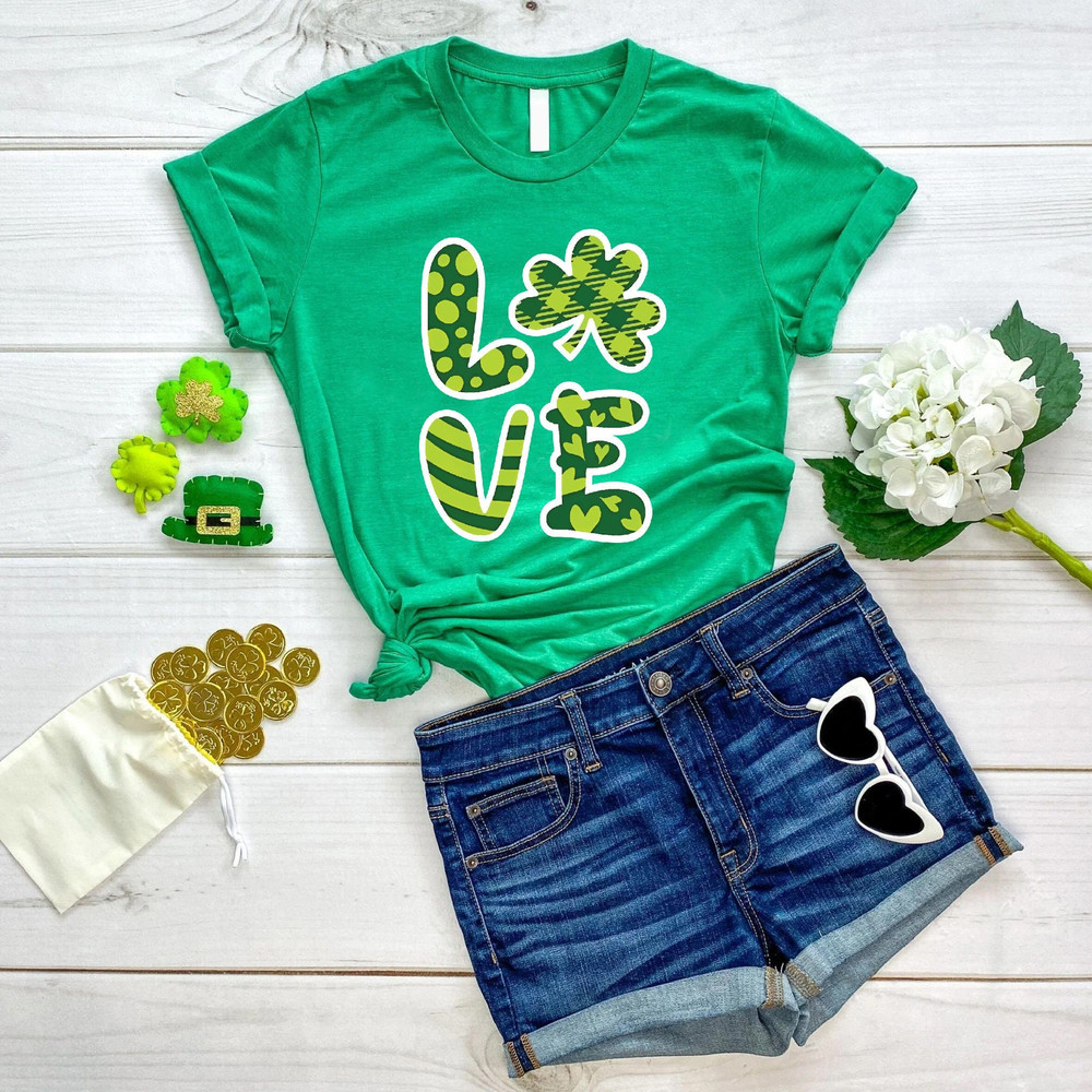 Love Shamrock Shirt, Gift for St Patricks Day, Womens St Patricks Day Shirt, Four Leaf Clover Shirt, Lucky Patrick Day Shirt, Irish Shirt.jpg