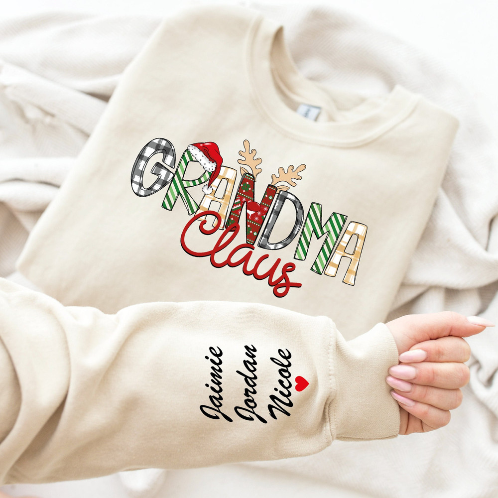 Custom Grandma Claus Sweatshirt and Hoodie, Kids Names on Sleeve Sweatshirt, Grandma Christmas Gift, Custom Grandma Sweatshirt LS729.jpg