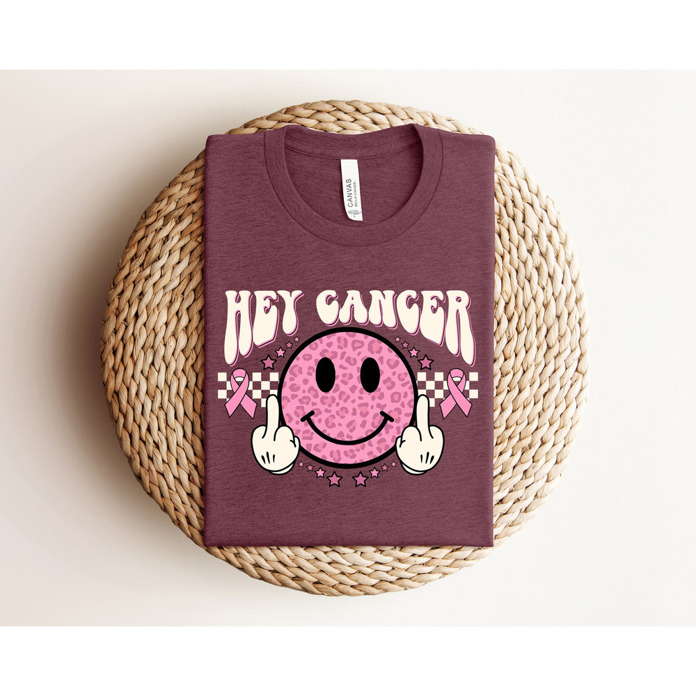 Hey Cancer Shirt, Cancer Awareness, Happy Face Shirt, Middle Finger Shirt, Pink Ribbon Shirt, Cancer Fighter Shirt, Pink Day Sweatshirt.jpg