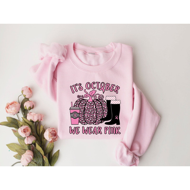 It's October We Wear Pink Shirt, Cancer Awareness, Leopard Pumpkin Shirt, Pink Ribbon Shirt, Cancer Fighter Shirt, Pink Day Sweatshirt.jpg