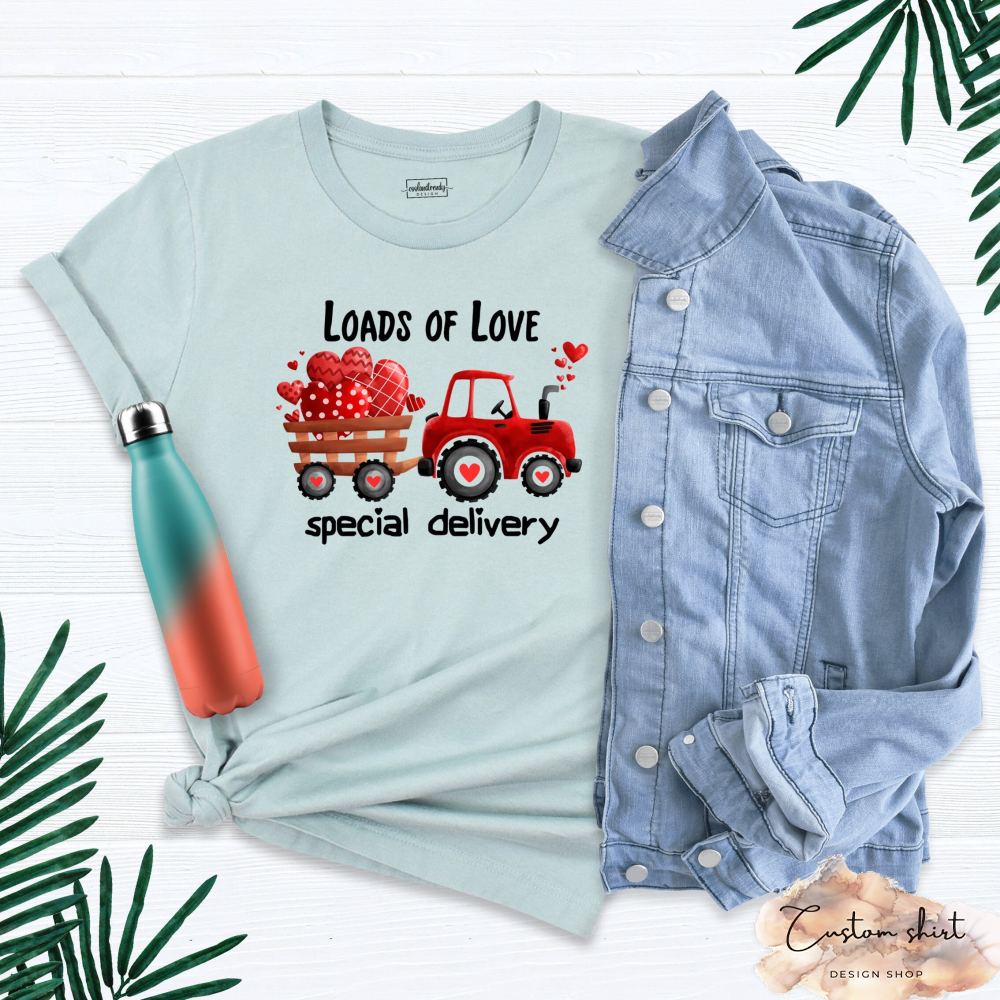 Loads Of Love Couple Shirt, Special Delivery Shirt, Women Shirt, Matching Couple Shirt, Buffalo Plaid Truck Shirt, Valentines Red Truck Tee.jpg