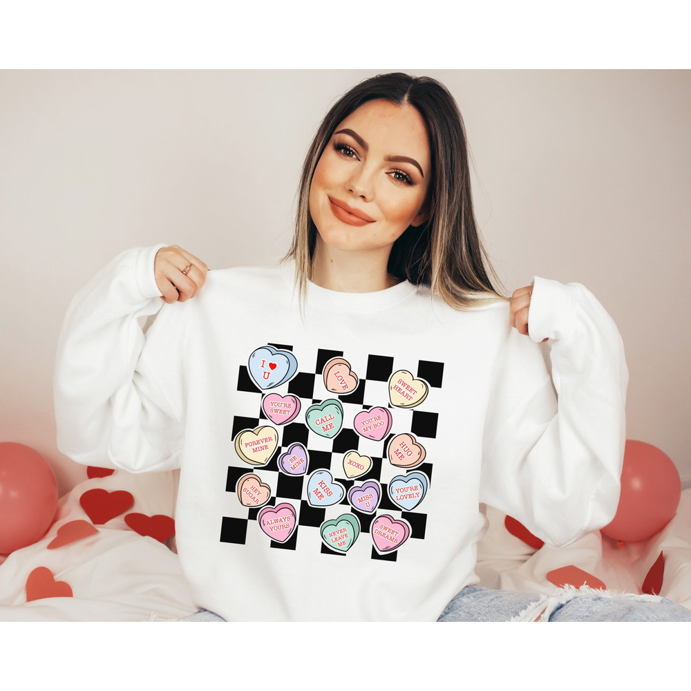 Conversation Hearts Sweatshirt, Valentines Day Sweater, Womens Valentine Sweatshirt, Valentine's Day Crewneck, Heart Sweater, Retro Vday Top.jpg