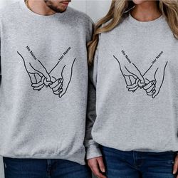 holding hands custom couple valentines day sweatshirt, matching couple names shirt, pinky hands personalized shirts, cou