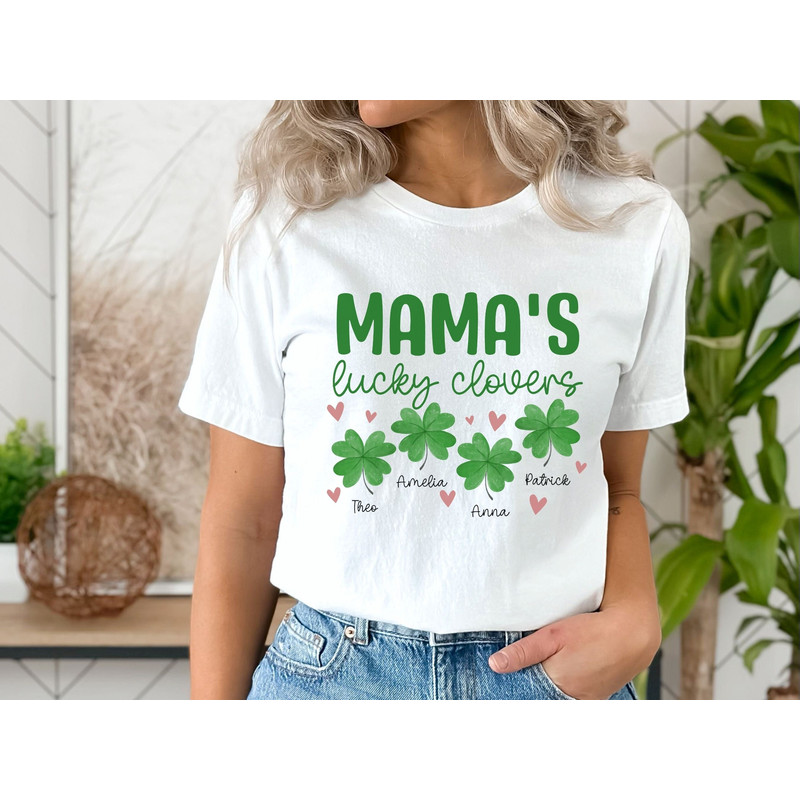 Personalized Mom Shirt for St Patrick's Day, Personalized Mother's Day Gift, Nature Themed Customizable Lucky Clover Tee, Custom Mama Shirt.jpg