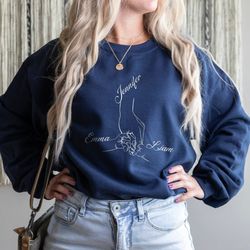 custom mother with two child hand sweatshirt, mother day sweatshirt, new baby sweatshirt, baby shower sweatshirt, parent