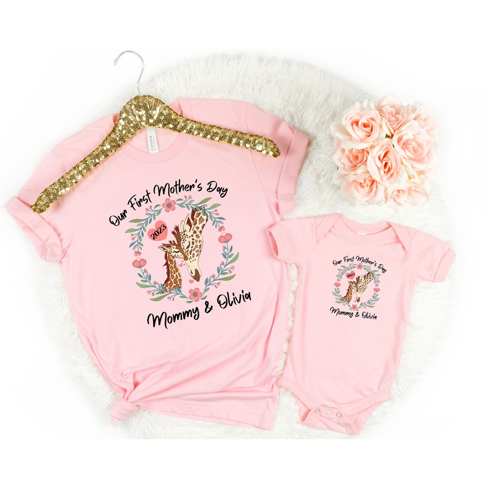 First Mothers Day Shirt, Personalized First Mothers Day Giraffe Matching Shirt, New Mom Mothers Day Gift, Mother And Baby 1st Mothers Day.jpg