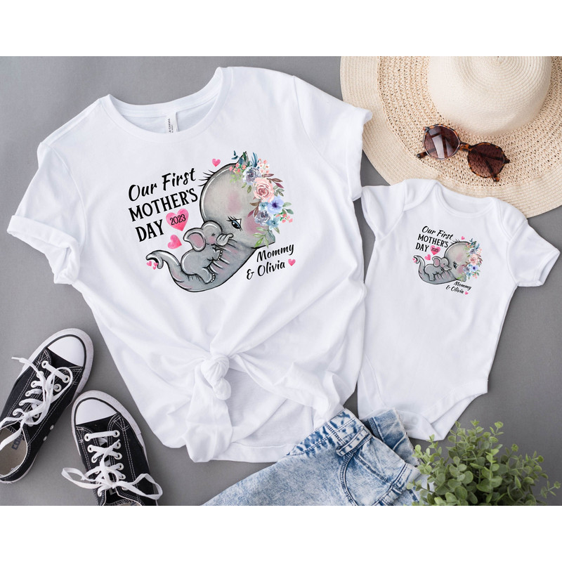Mommy and me Elephant Matching Shirt, Personalized Our First Mothers Day Shirt, New Mom Mothers Day Gift, Mother And Baby First Mothers Day.jpg
