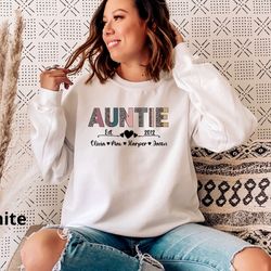 personalized auntie sweatshirt with kids name, gift for new aunt, gift for auntie, leopard aunt sweatshirt, mothers day