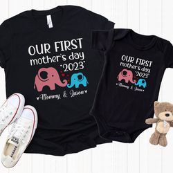 personalized our first mothers day shirt, mommy and me elephant matching shirt, new mom mothers day gift, mother and bab