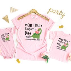 personalized our first mothers day shirt, twin mommy and me dinosaur matching shirt, twin mom mothers day gift, twin bab