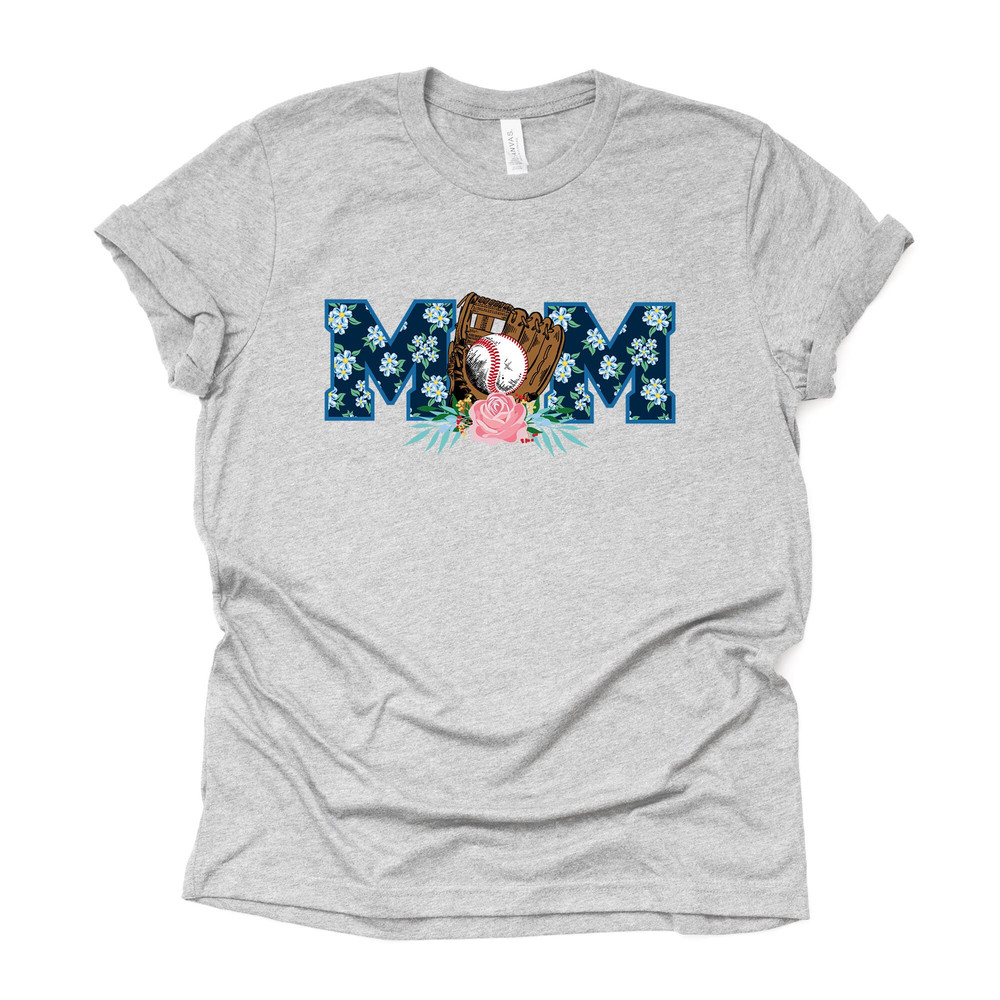 Baseball Mom, Cute Baseball Mom with Glove and Ball Floral Print Design on premium Bella + Canvas unisex shirt, plus sizes, baseball.jpg