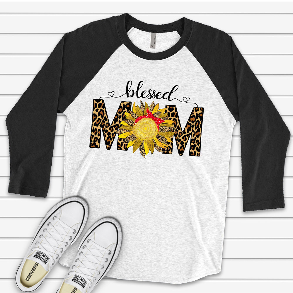 Mom Raglan, Blessed Mom with Sunflower and Leopard Print Design on premium Raglan 34 sleeve shirt, gift for mom, plus size, 2X, 3X.jpg