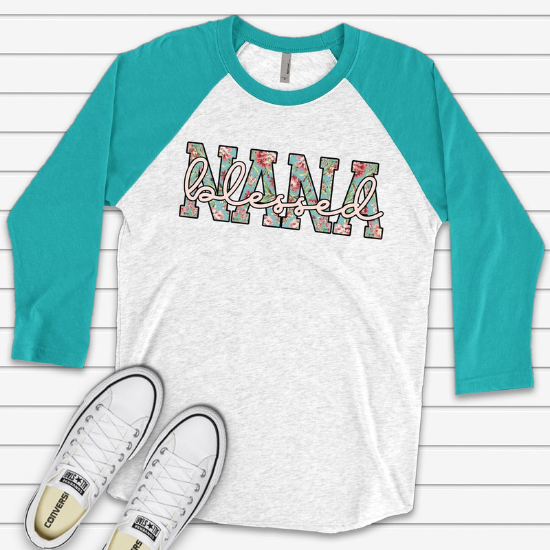 Nana Raglan, Pretty Floral Blessed Nana, Pretty Grandma Floral with Blessed Design on premium Raglan 34 sleeve shirt, plus size, 2X, 3X.jpg
