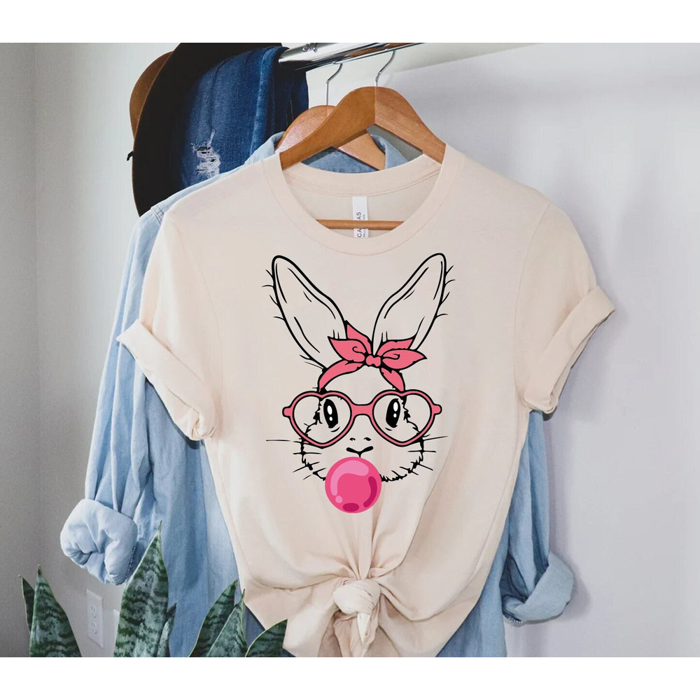 Bunny With Leopard Glasses Shirt, Easter Shirt, Easter Bunny Graphic Tee, Easter Shirts For Women, Ladies Easter Bunny, Bubble Gum Bunny Tee.jpg