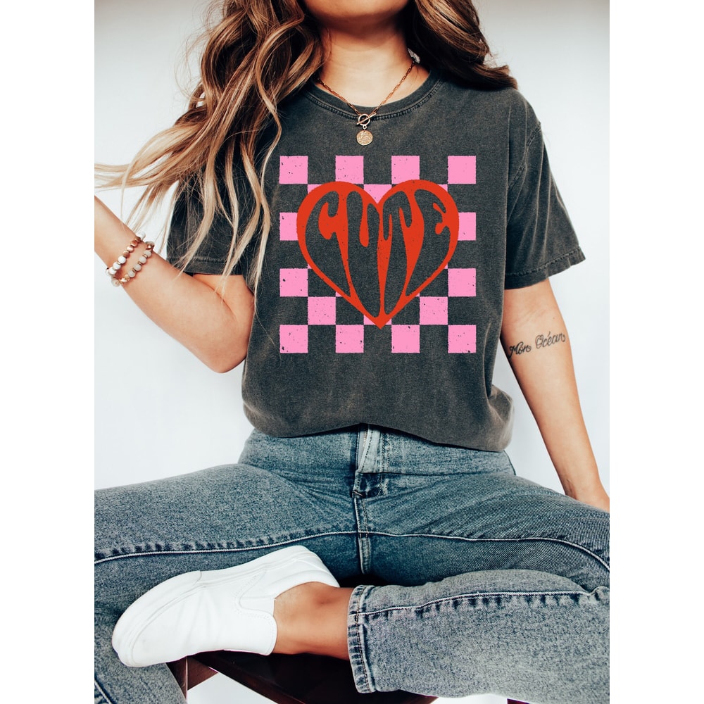 Retro Valentines Day Comfort Colors Shirt, Checkered Cute Love Shirt, Vintage Couples Shirt, Love Shirt, Heart Shirt, Proud Single Shirt.jpg