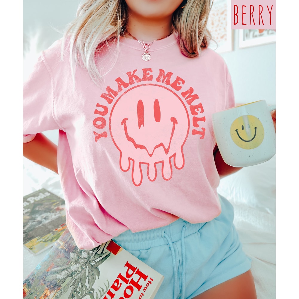 Retro Valentines Day Comfort Colors Shirt, You Make Me Melt Smiley, Vintage Couples Shirt, Teacher Shirt, Heart Shirt, Proud Single Shirt.jpg