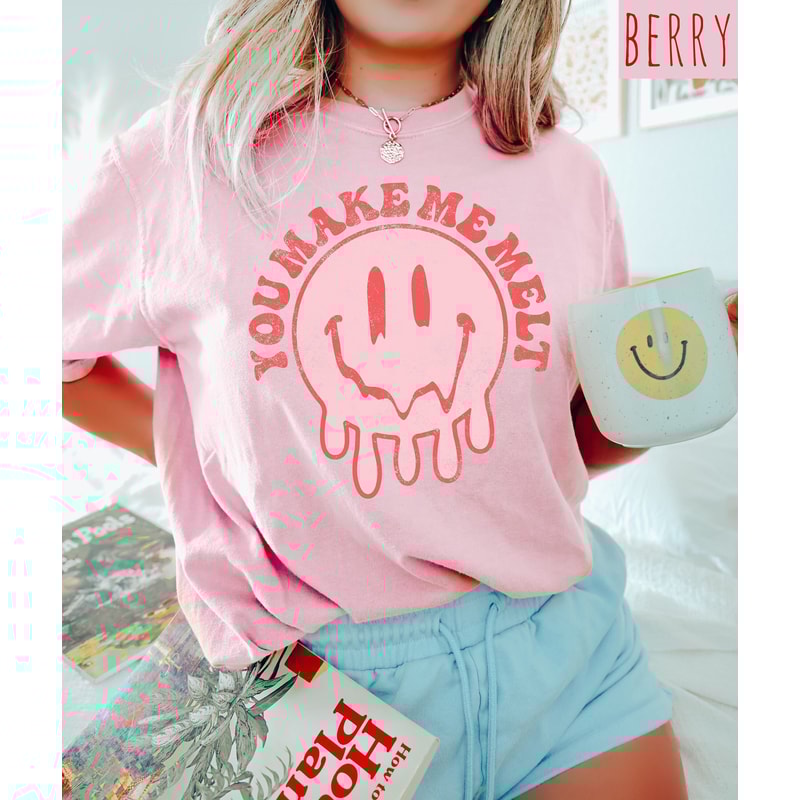 Retro Valentines Day Comfort Colors Shirt, You Make Me Melt Smiley, Vintage Couples Shirt, Teacher Shirt, Heart Shirt, Proud Single Shirt.jpg