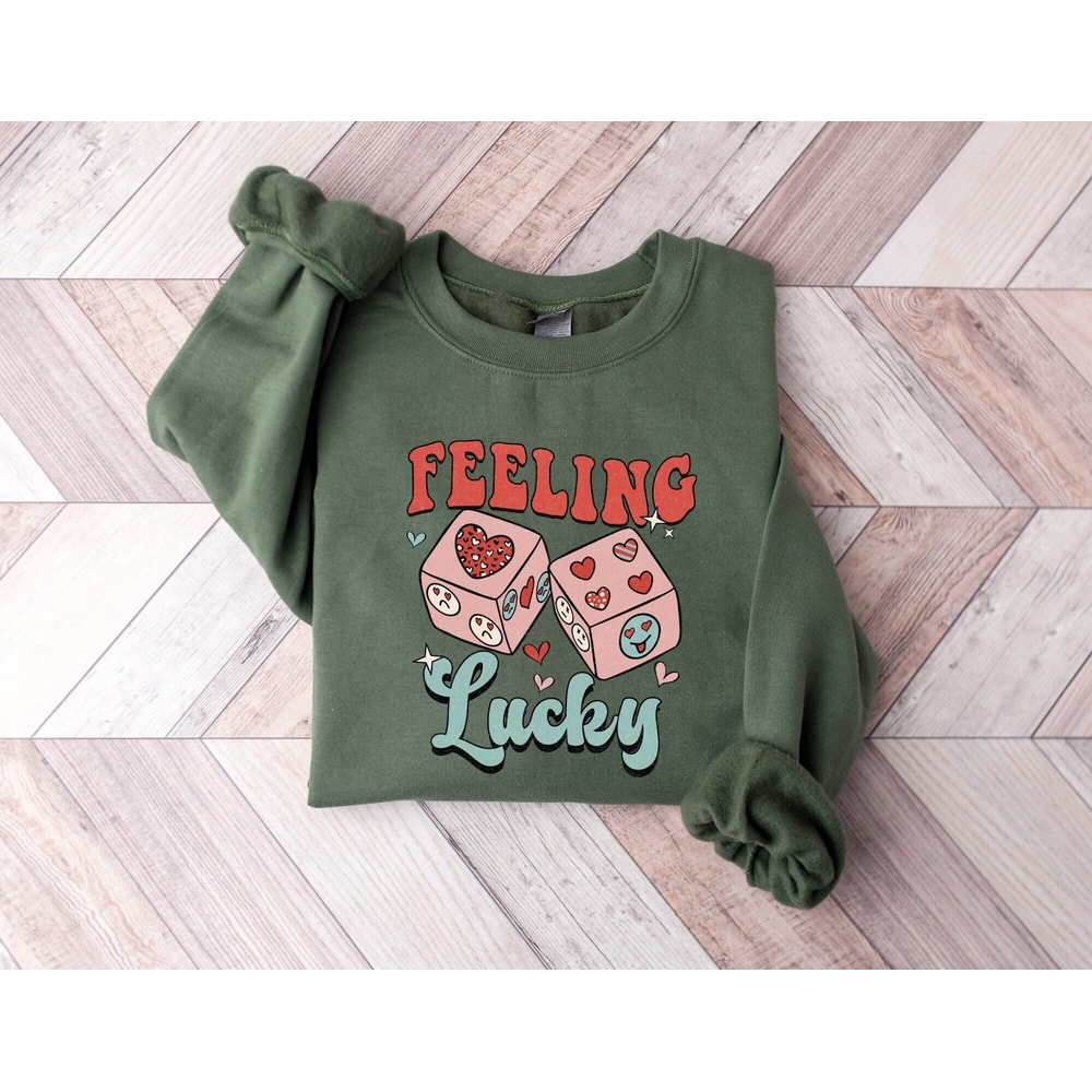 Feeling Lucky Sweatshirt, Valentine's Day Sweatshirt, Retro Valentine's Day Shirt, Oversized Crewneck, Couple Sweatshirt.jpg