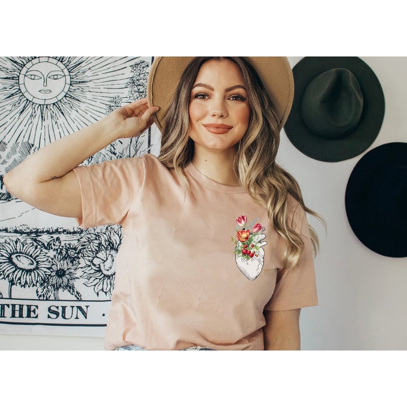 Pocket Heart Shirt, Floral Heart Women's Shirt, Floral Human Heart T-Shirt, Floral Ladies Shirt, Flower Heart Shirt, Heart Shirt, Heart Tee.jpg