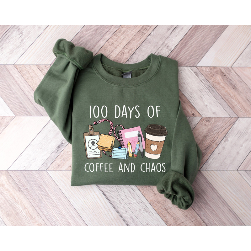 100 Days of School Shirt, 100 Days of Coffee and Chaos Sweatshirt, 100 Days Celebration Shirt, Teacher Gift, Teacher Coffee Shirt, Teacher.jpg