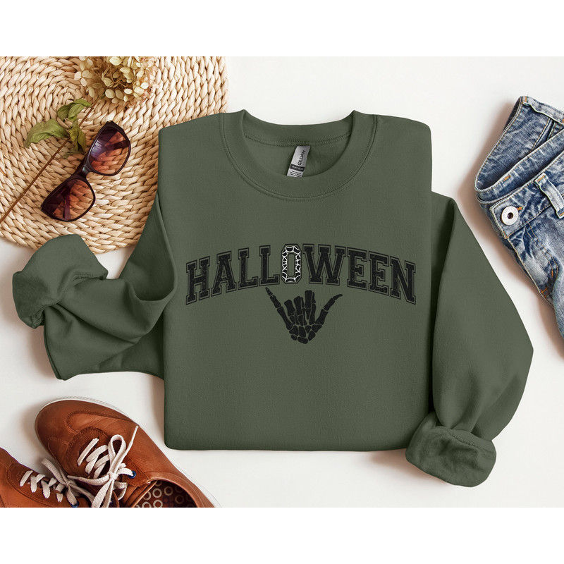 Sweatshirt For Halloween, Hang Loose Skeleton Hand, Spooky Season Shirt, Skeleton Hand Shirt, Scary Halloween Sweatshirt, Fall Vibes Shirt.jpg