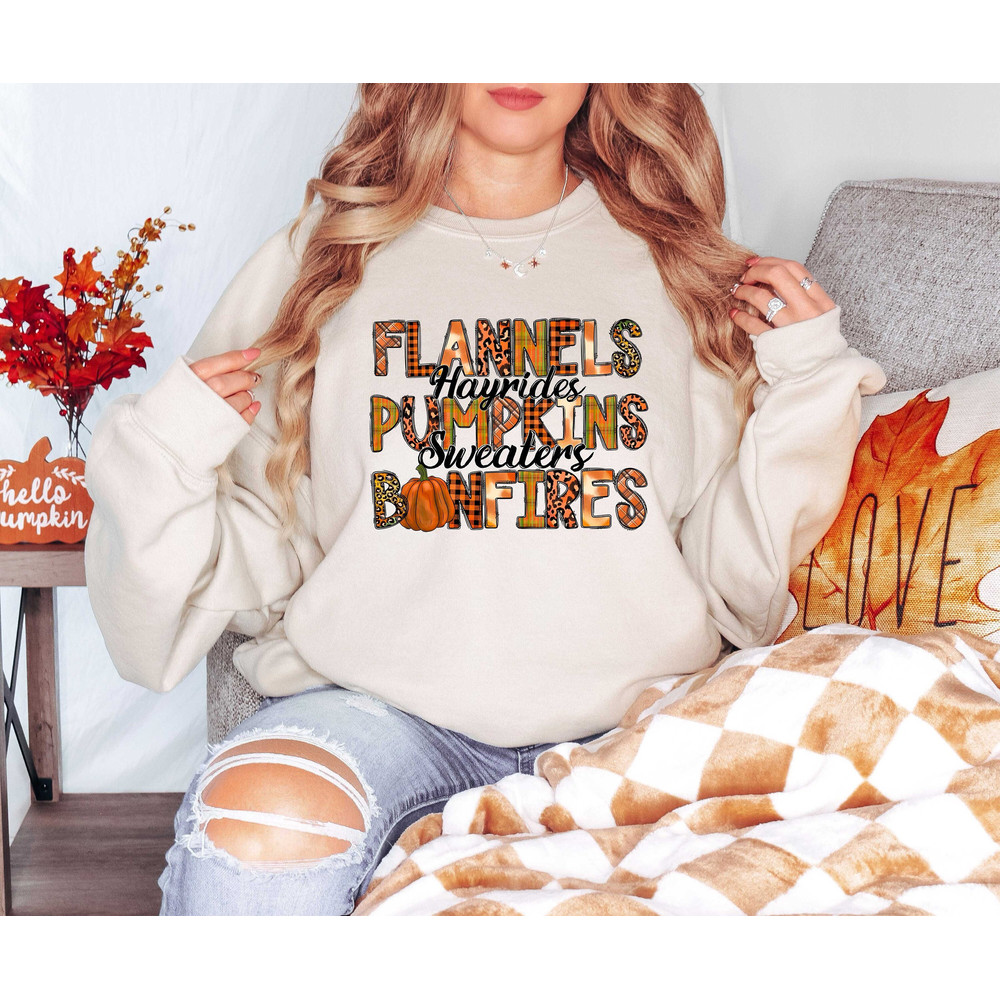 Flannels Hayrides Pumpkins Sweater Bonfires Sweatshirt, Hello Fall Sweatshirt, Pumpkin Sweater, Happy Thanksgiving Shirt, Fall Shirt.jpg