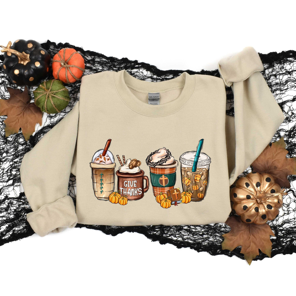 Give Thanks Coffee Sweatshirt, Thanksgiving Coffee Tshirt, Fall Coffee Sweatshirt, Coffee Lover Sweatshirt, Thanksgiving Latte Shirt.jpg