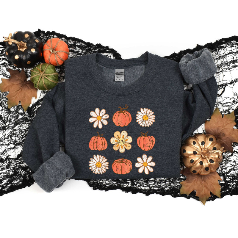 Happy Face Pumpkin Shirt, Pumpkin and Daisy Sweatshirt, Floral Pumpkin Shirt, Pumpkin Season Sweater, Pumpkin Shirt For Women.jpg