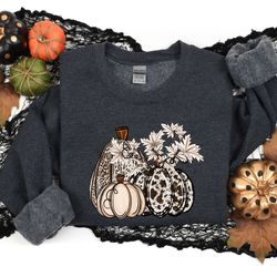 leopard patterned pumpkin sweatshirt, pumpkin and fall season, fall shirt for women, cute fall women tee, fall sweater,