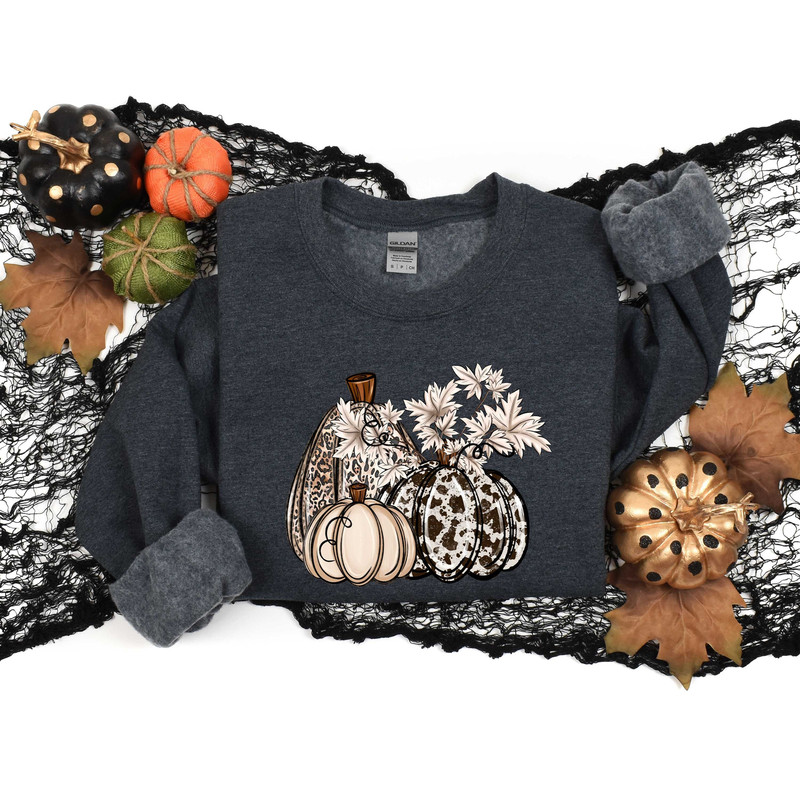 Leopard Patterned Pumpkin Sweatshirt, Pumpkin and Fall Season, Fall Shirt For Women, Cute Fall Women Tee, Fall Sweater, Floral Pumpkin Shirt.jpg