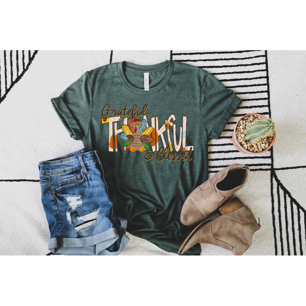 Thankful,Grateful,Blessed with Turkey Shirt, Thanksgiving T-Shirt, Fall Vibes Shirt, Fall Turkey Shirt, Thanksgiving Family Shirts.jpg