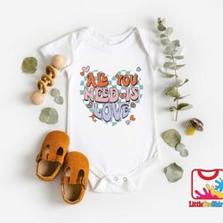 all you need is love onesie, retro valentines day bodysuit, cute valentines baby onesie, valentines gift for kids