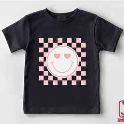 pink smiley face toddler tee - retro happy kids shirt - girls valentines day shirt - kids valentine outfits - black