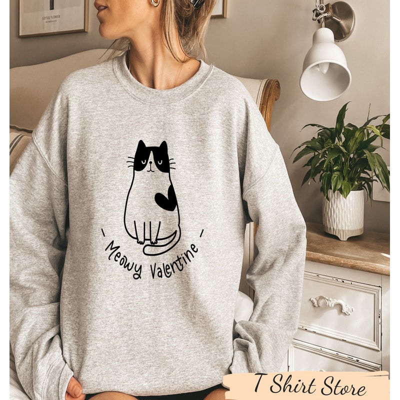 Meowy Valentine Sweatshirt, Valentines Cat Shirt, Cat Lover Valentine Sweater, Cat Mom Valentine Day Tee, Happy Valentines Day, Cat Crewneck.jpg