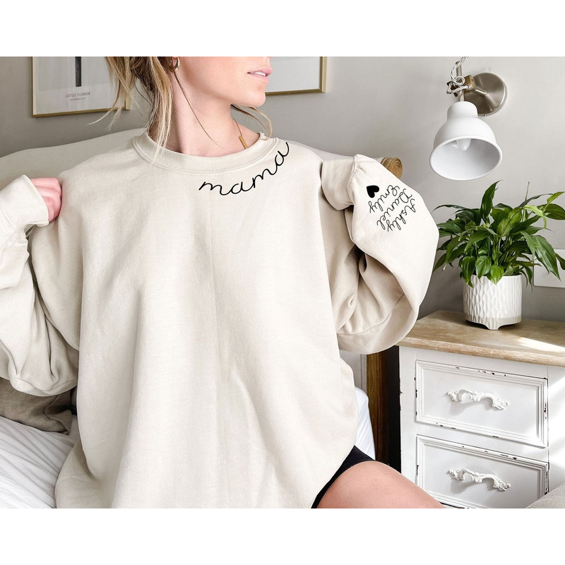 Custom Mama Sweatshirt with Kid Name on Sleeve, Custom Neck and Sleeve Design Sweatshirt, Minimalist sweatshirt, Mothers Day, Gift for Mom.jpg