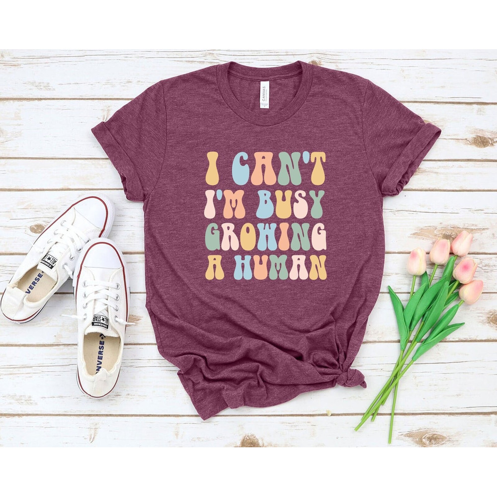 Funny Mom Pregnancy Announcement T-Shirt, I Can't I'm Busy Growing A Human Shirt, Mother's Day Gift, New Mom Baby and Pregnancy Reveal Tee.jpg