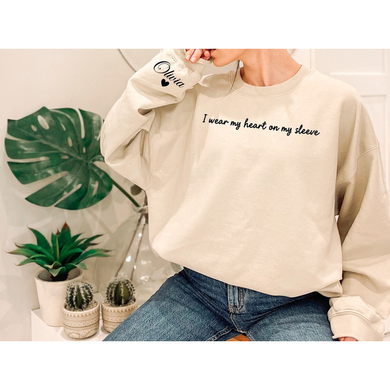 I Wear My Heart On My Sleeve Sweatshirt, Customize Name Sweatshirt, Mothers Day Gift, Custom Mom Sweatshirt, Minimalist Heart Sweatshirt.jpg
