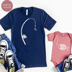 fishing father son matching shirts, fathers day gift for dad and kid, daddy and me outfit with fish and fishing pole, ne