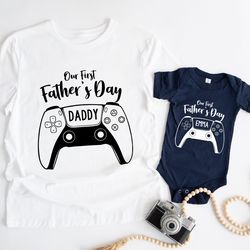 our first fathers day gamer gift, first fathers day personalized matching shirts, dad baby matching gaming shirt, fathe