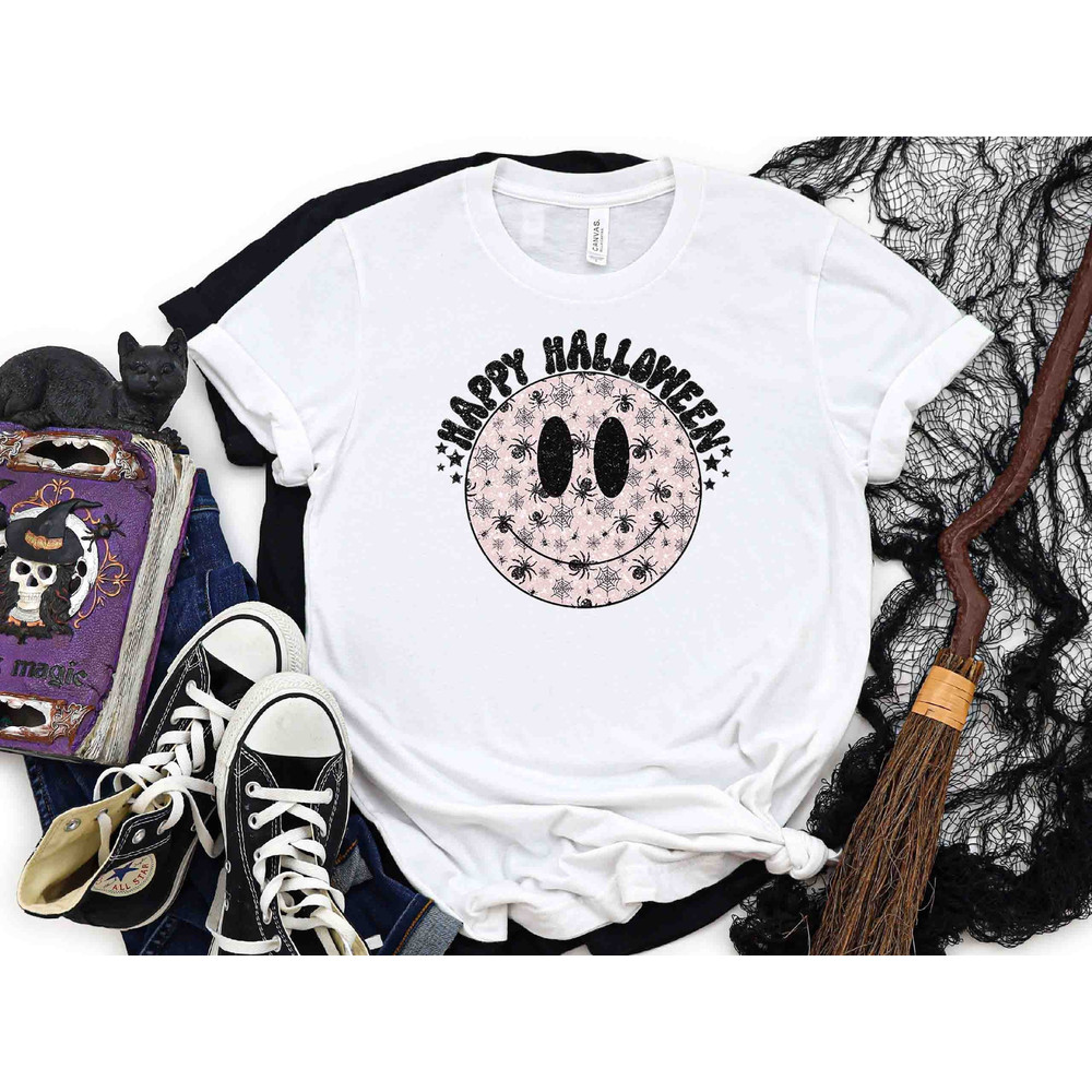 Happy Halloween Spooky Smiley Face, Retro Halloween Shirt, Cute Halloween Shirt, Halloween Party Tee, Aesthetic Holiday Shirt, Plus Size Tee.jpg