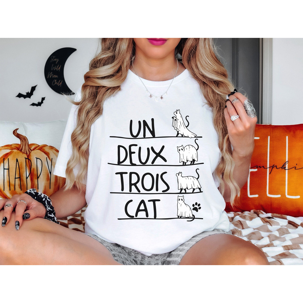 Un Deux Trois Cat Shirt, Halloween Cat Shirt, Sheet Ghost Cat Shirt, Halloween Season Sweatshirt, Spooky Season Gift For Her.jpg